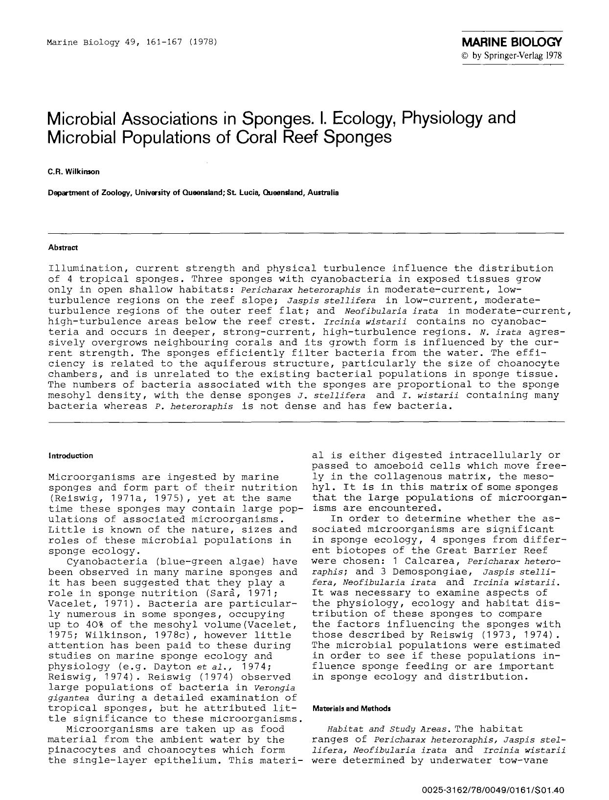 Microbial associations in sponges. I. Ecology, physiology and microbial populations of coral reef sponges by Unknown
