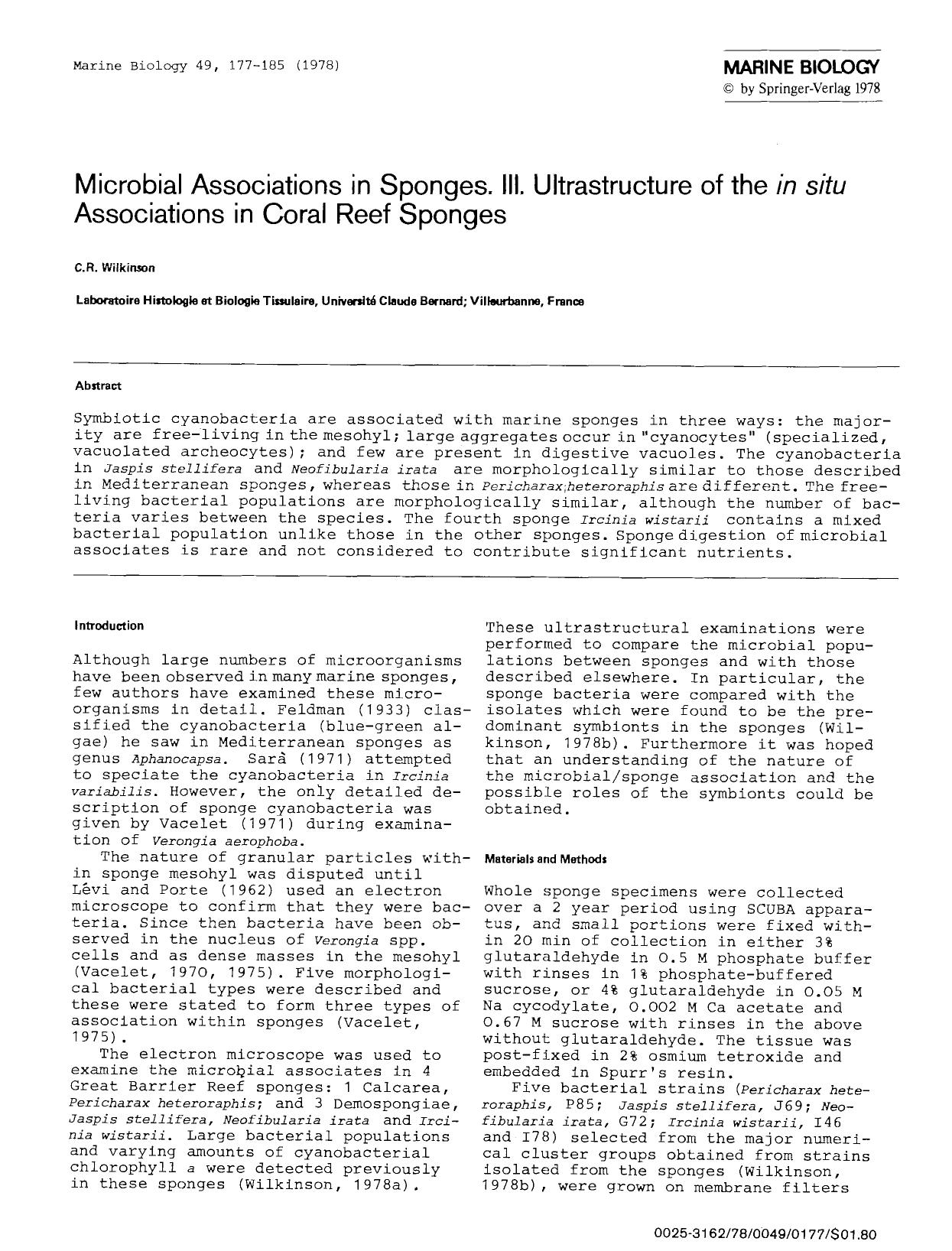 Microbial associations in sponges. III. Ultrastructure of the <Emphasis Type="Italic">in situ<Emphasis> associations in coral reef sponges by Unknown