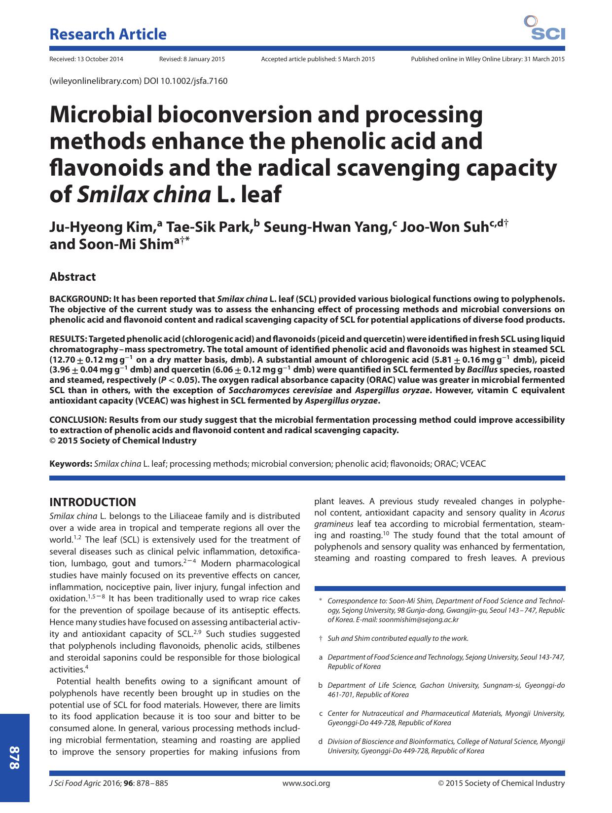 Microbial bioconversion and processing methods enhance the phenolic acid and flavonoids and the radical scavenging capacity of Smilax china L. leaf by Unknown