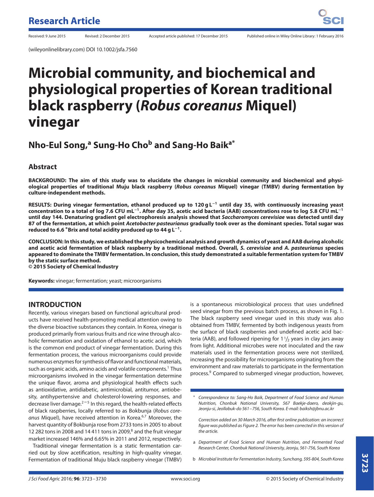 Microbial community, and biochemical and physiological properties of Korean traditional black raspberry (Robus coreanus Miquel) vinegar by Unknown
