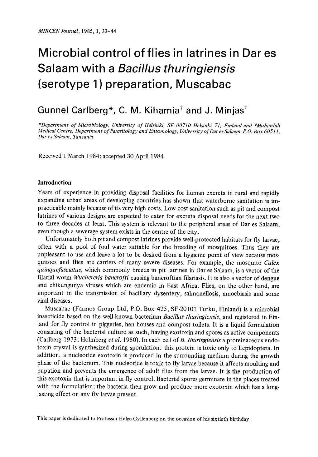 Microbial control of flies in latrines in Dares Salaam with a <Emphasis Type="Italic">Bacillus thuringiensis <Emphasis> (serotype 1) preparation, Muscabac by Unknown