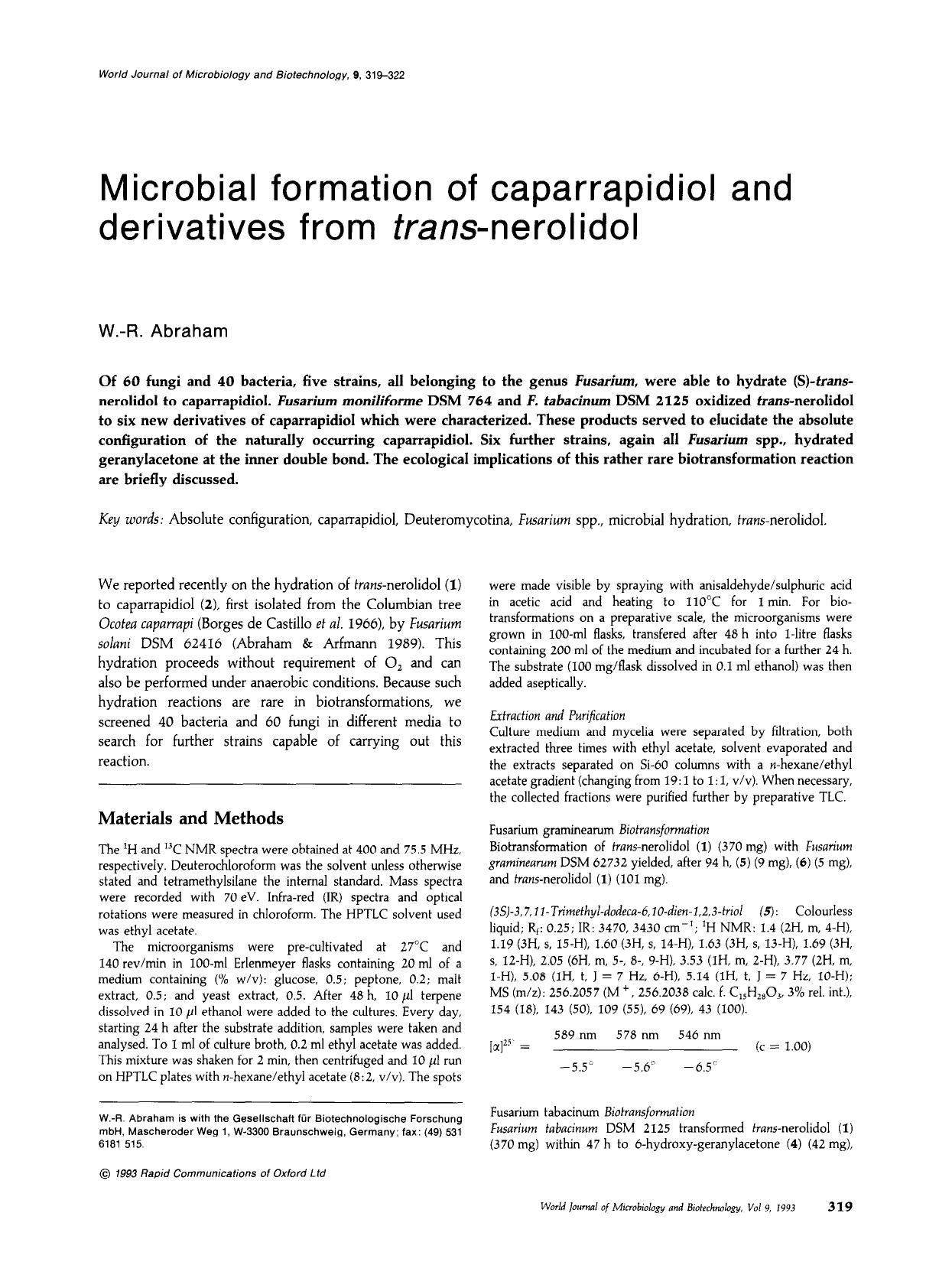 Microbial formation of caparrapidiol and derivatives from <Emphasis Type="Italic">trans<Emphasis>-nerolidol by Unknown
