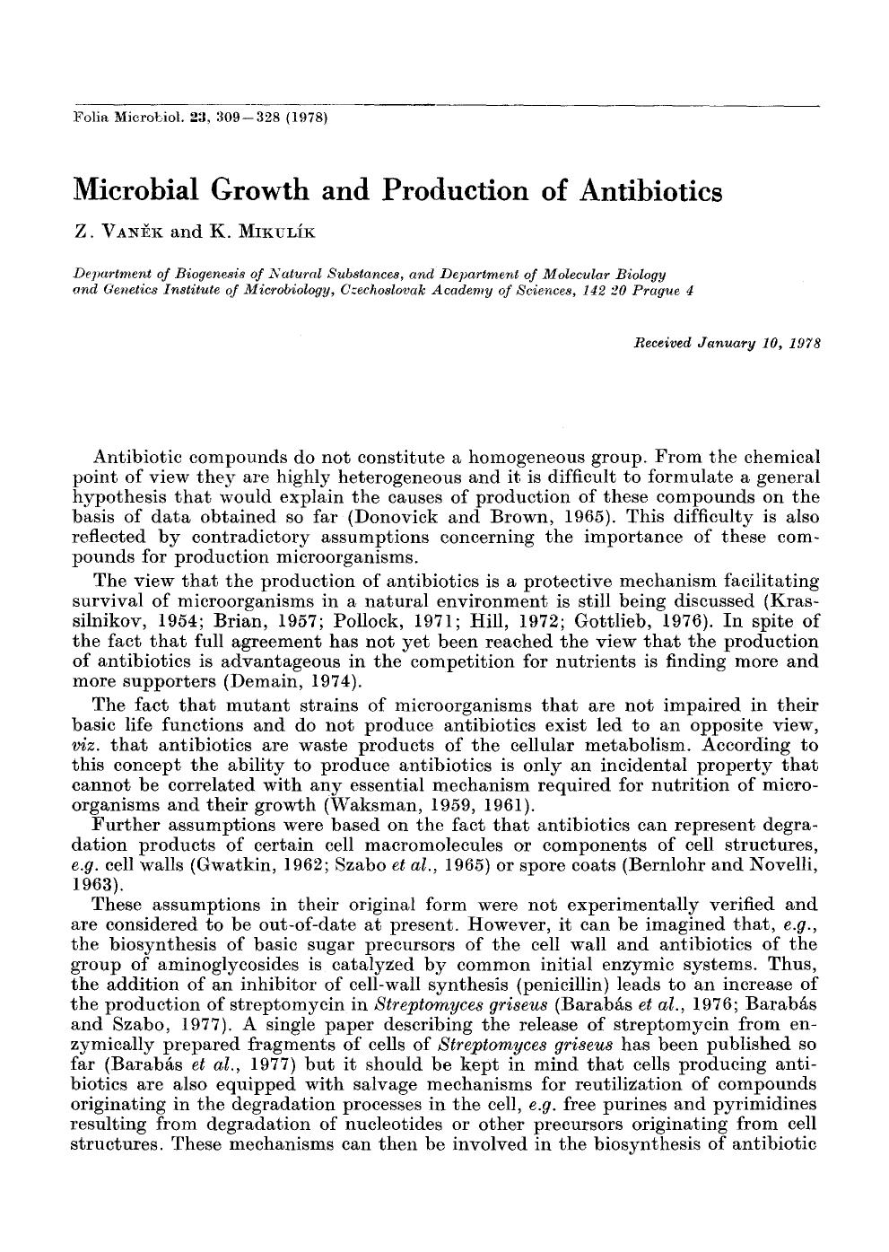 Microbial growth and production of antibiotics by Unknown