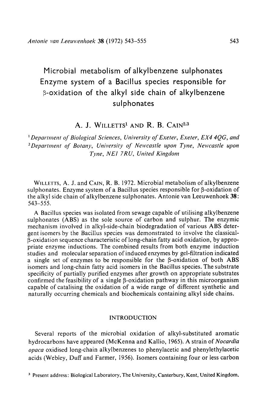 Microbial metabolism of alkylbenzene sulphonates Enzyme system of a Bacillus species responsible for Β-oxidation of the alkyl side chain of alkylbenzene sulphonates by Unknown