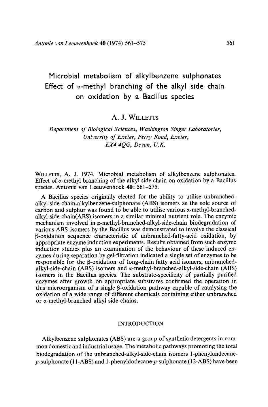 Microbial metabolism of alkylbenzene sulphonates effect of α-methyl branching of the alkyl side chain on oxidation by a Bacillus species by Unknown
