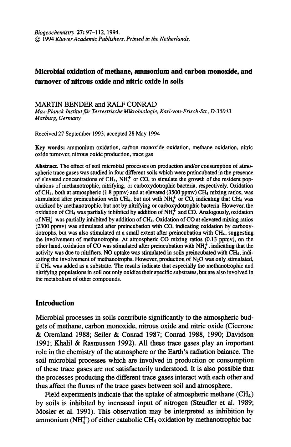 Microbial oxidation of methane, ammonium and carbon monoxide, and turnover of nitrous oxide and nitric oxide in soils by Unknown
