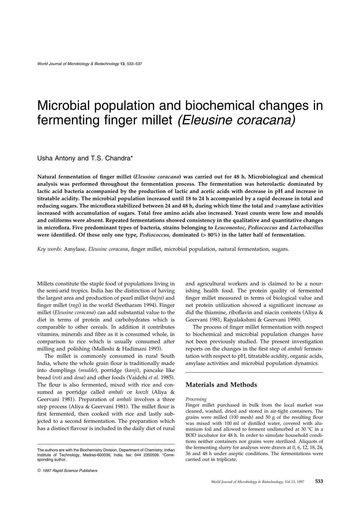 Microbial population and biochemical changes in fermenting finger millet (Eleusine coracana) by Unknown
