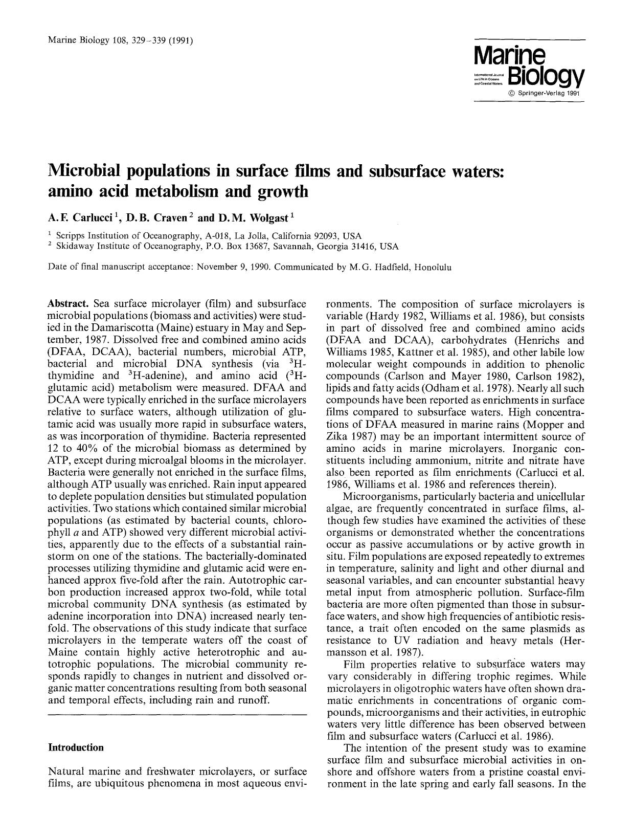 Microbial populations in surface films and subsurface waters: Amino acid metabolism and growth by Unknown