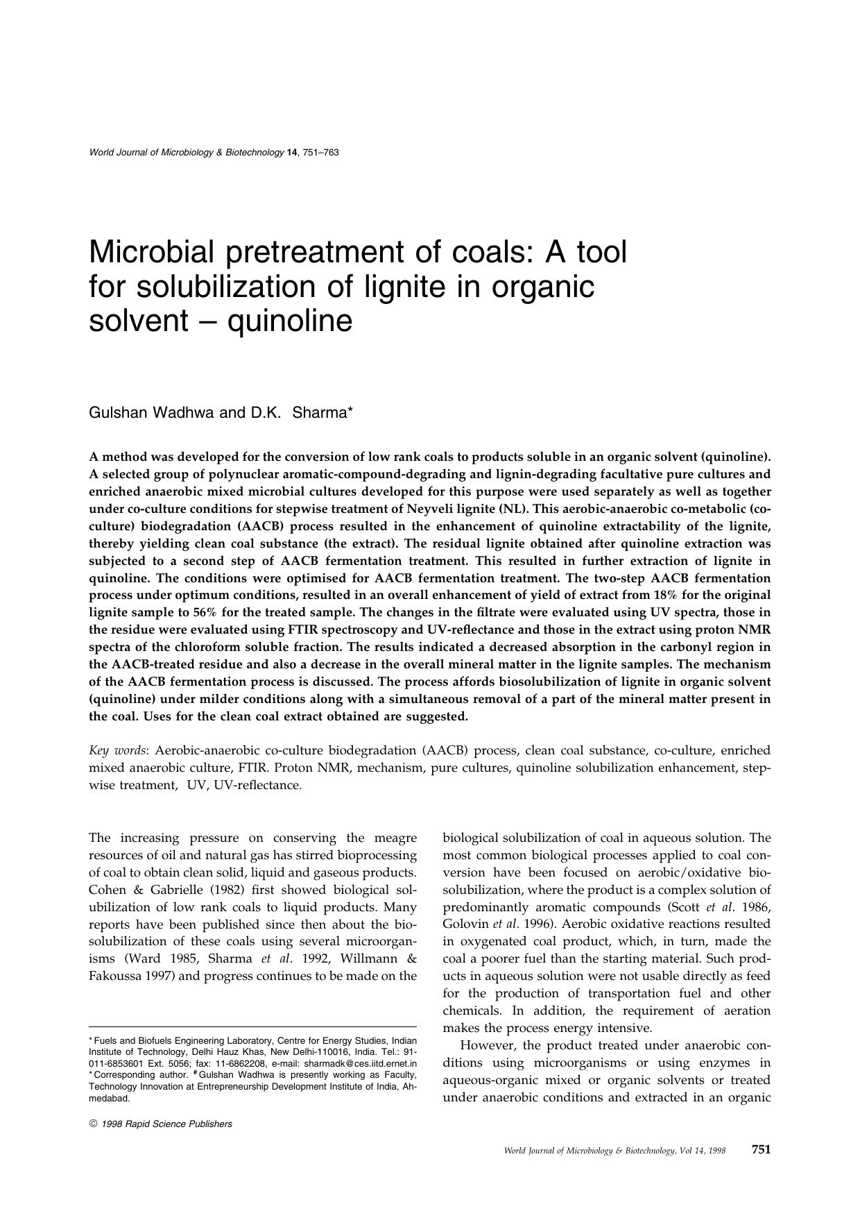 Microbial pretreatment of coals: A tool for solubilization of lignite in organic solvent &#x2013; quinoline by Unknown