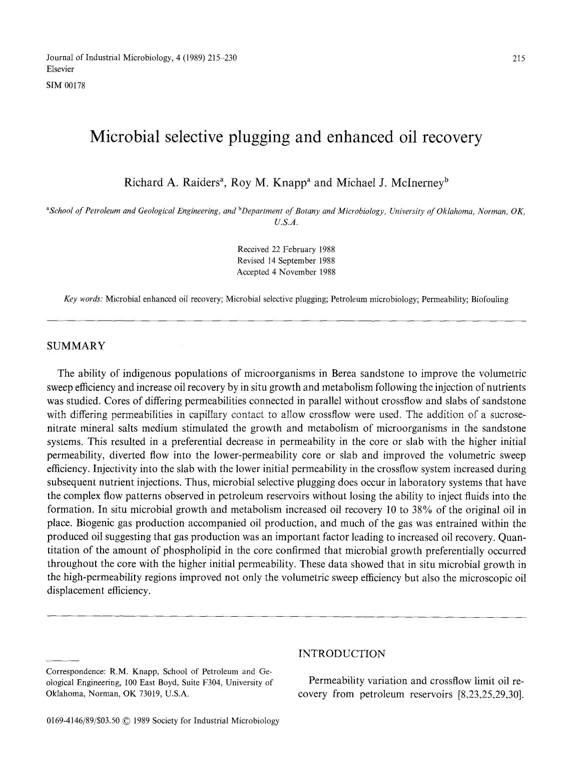 Microbial selective plugging and enhanced oil recovery by Unknown