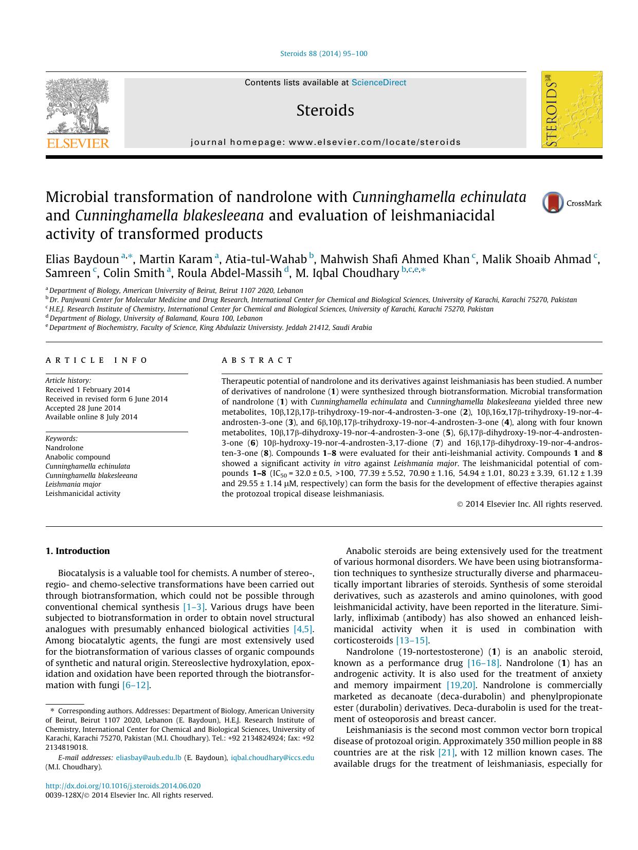 Microbial transformation of nandrolone with Cunninghamella echinulata and Cunninghamella blakesleeana and evaluation of leishmaniacidal activity of transformed products by unknow