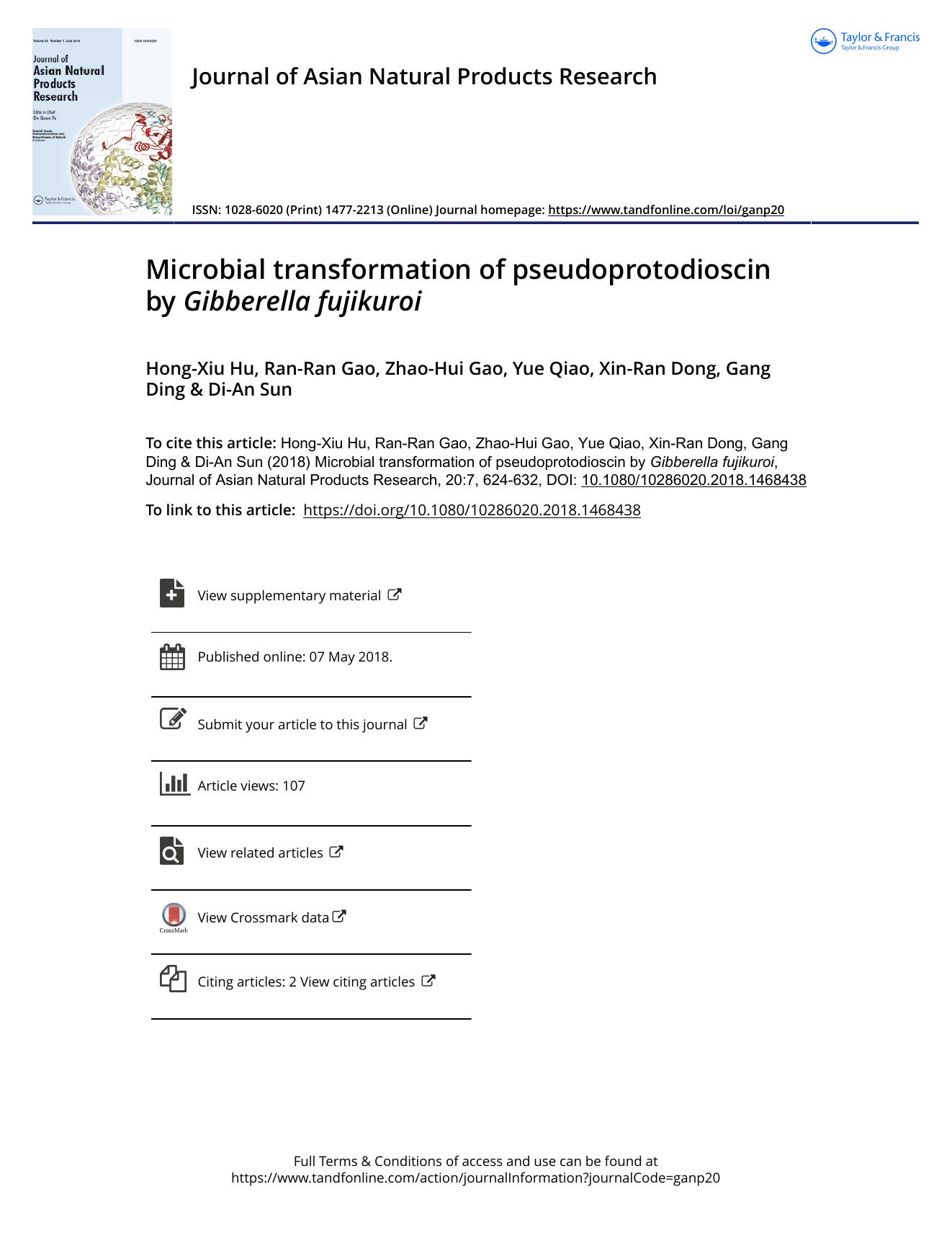 Microbial transformation of pseudoprotodioscin by Gibberella fujikuroi by Hong-Xiu Hu & Ran-Ran Gao & Zhao-Hui Gao & Yue Qiao & Xin-Ran Dong & Gang Ding & Di-An Sun