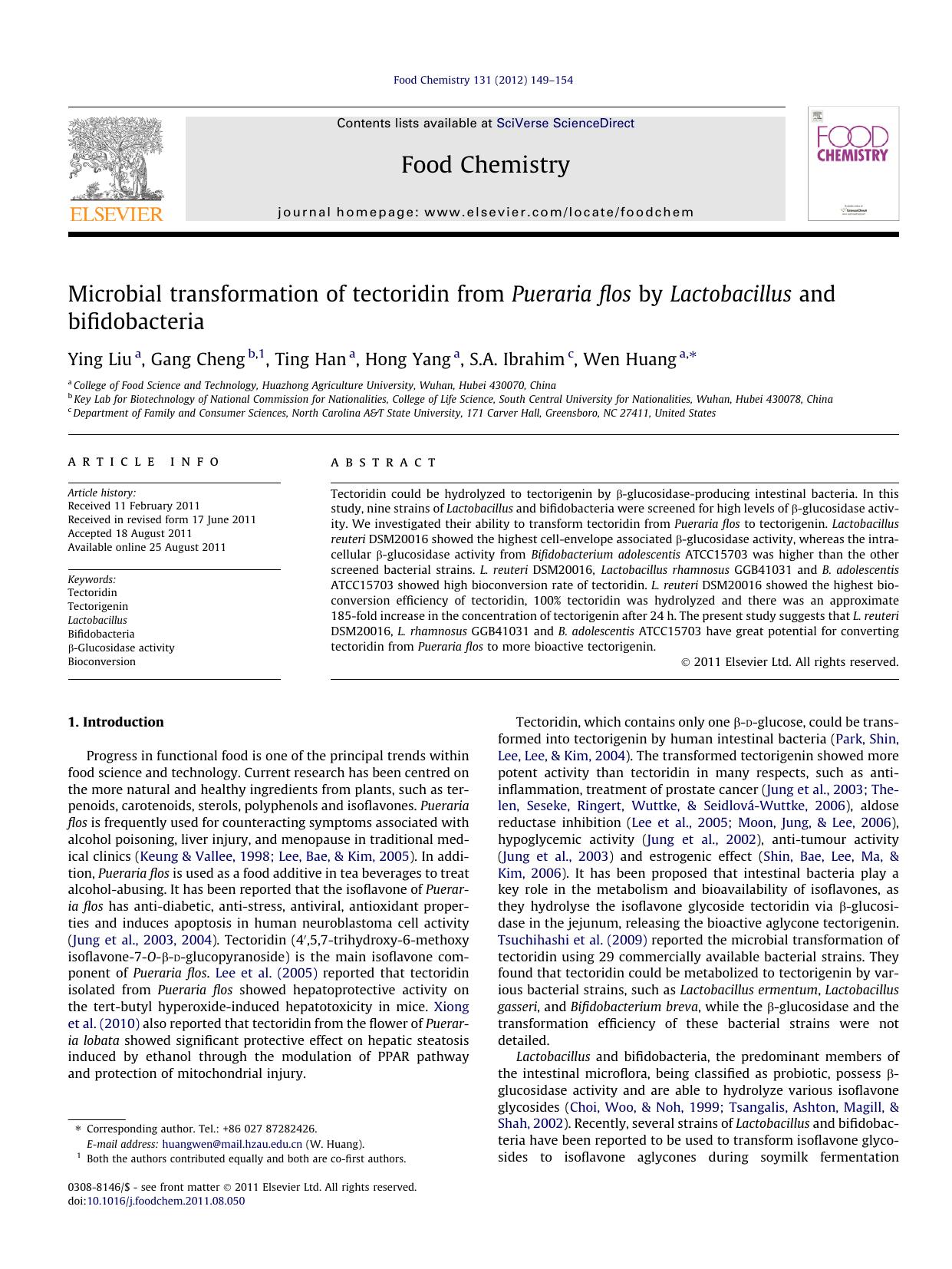 Microbial transformation of tectoridin from Pueraria flos by Lactobacillus and bifidobacteria by Ying Liu & Gang Cheng & Ting Han & Hong Yang & S.A. Ibrahim & Wen Huang
