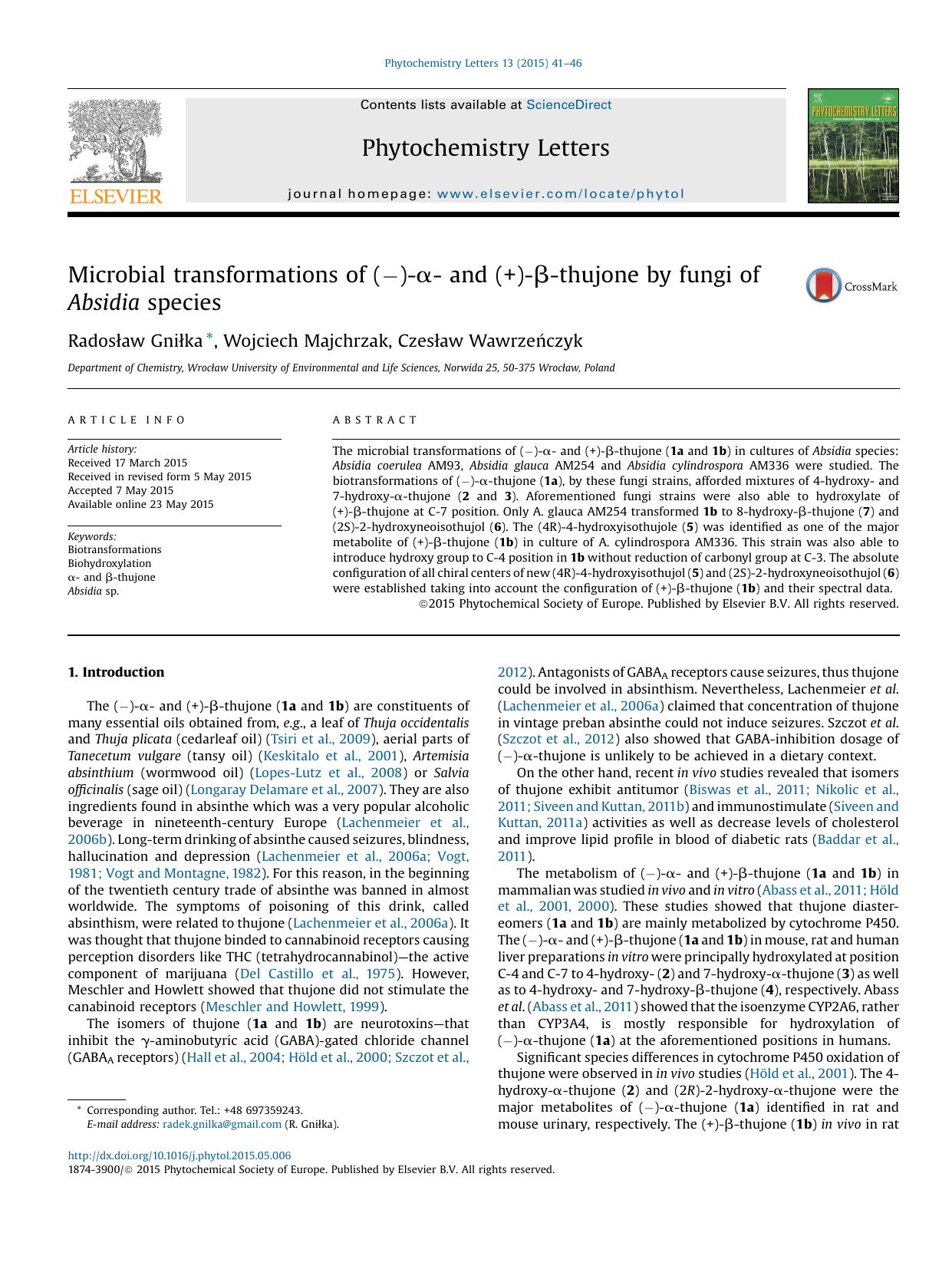 Microbial transformations of (â)-Î±- and (+)-Î²-thujone by fungi of Absidia species by Radosław Gniłka & Wojciech Majchrzak & Czesław Wawrzeńczyk