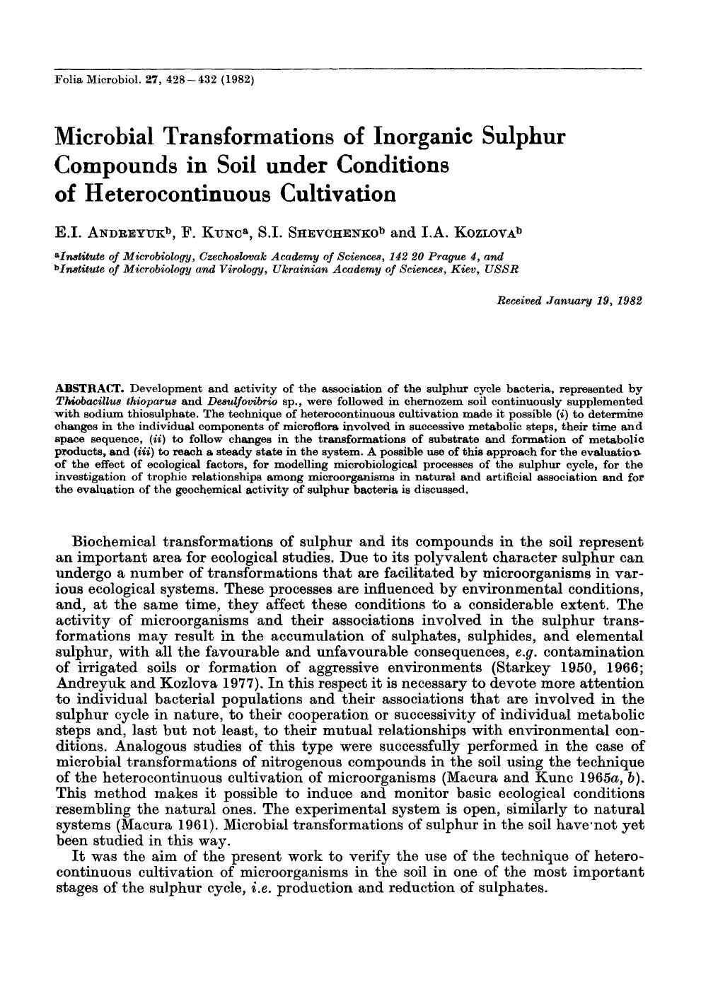 Microbial transformations of inorganic sulphur compounds in soil under conditions of heterocontinuous cultivation by Unknown