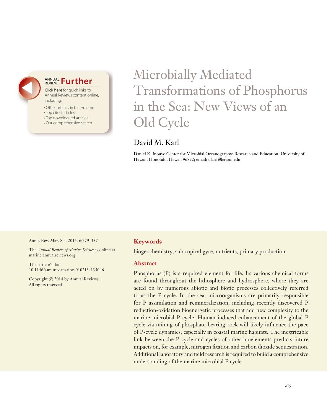 Microbially Mediated Transformations of Phosphorus in the Sea: New Views of an Old Cycle by David M. Karl