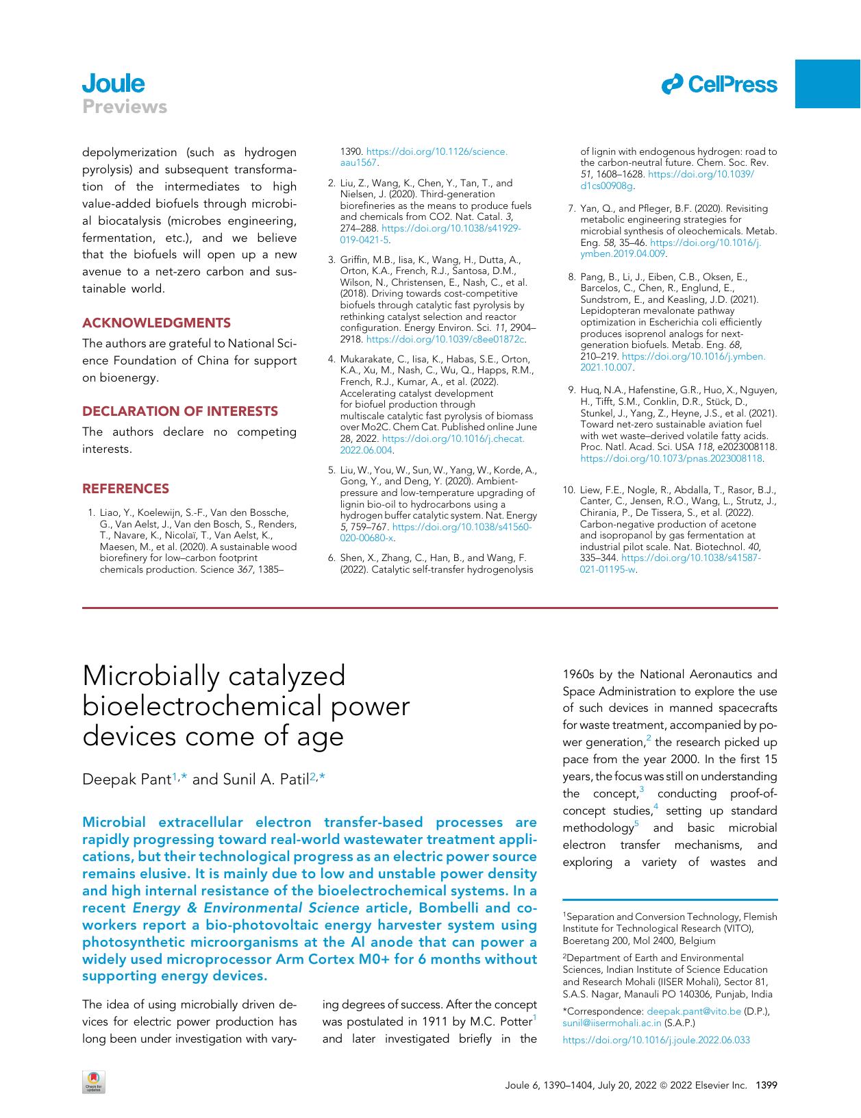 Microbially catalyzed bioelectrochemical power devices come of age by Deepak Pant & Sunil A. Patil