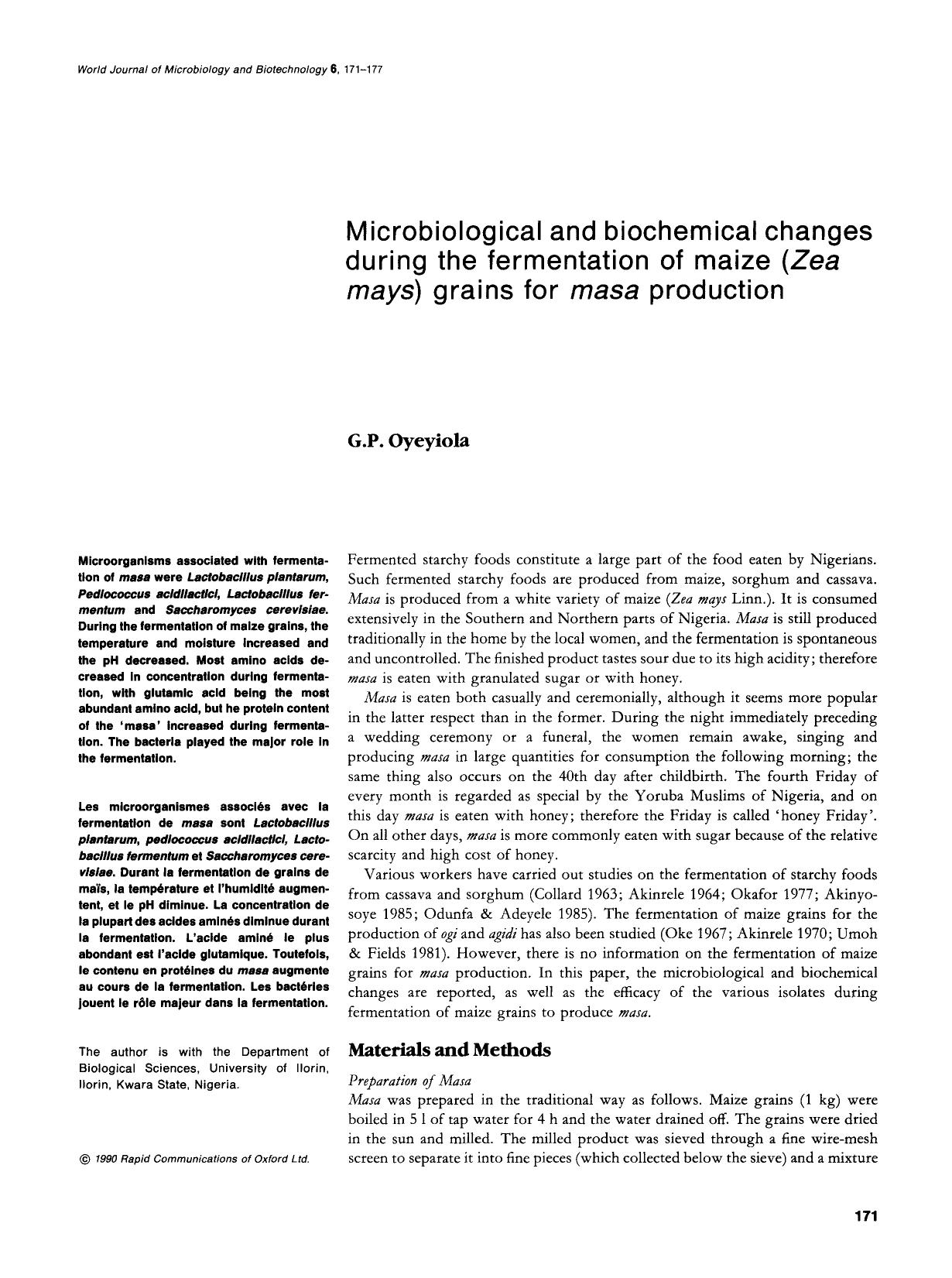 Microbiological and biochemical changes during the fermentation of maize ( <Emphasis Type="Italic">Zea mays <Emphasis>) grains for <Emphasis Type="Italic">masa <Emphasis> production by Unknown