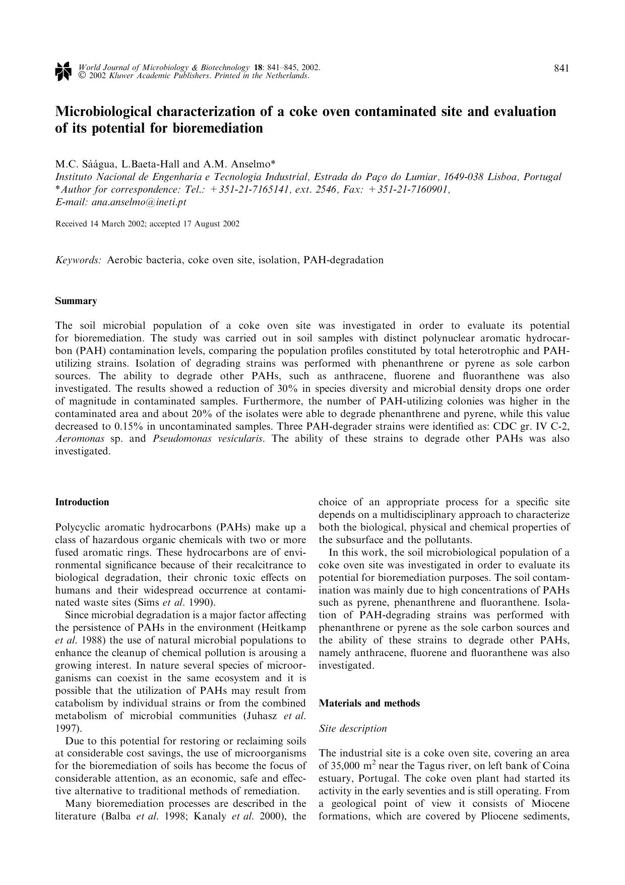 Microbiological characterization of a coke oven contaminated site and evaluation of its potential for bioremediation by Unknown