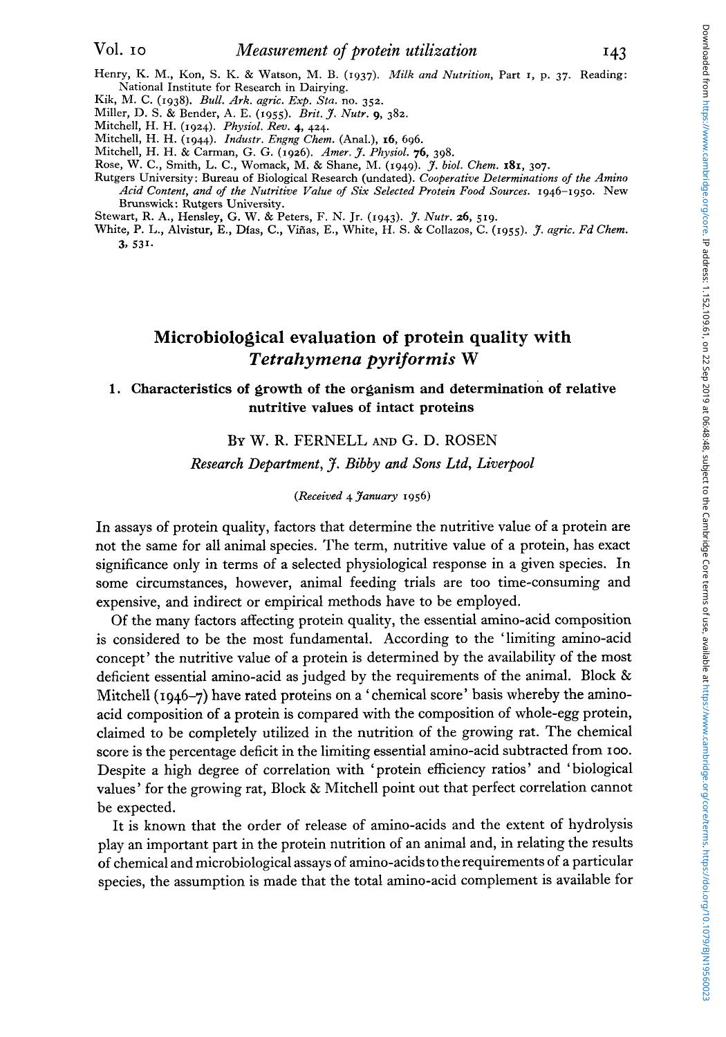Microbiological evaluation of protein quality with Tetrahymena pyriformis W by W. R. Fernell G. D. Rosen