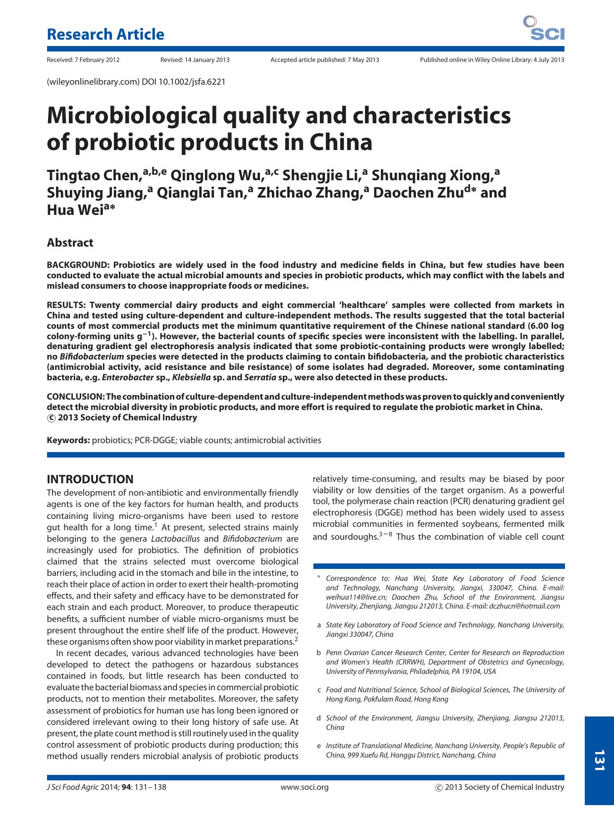 Microbiological quality and characteristics of probiotic products in China by Unknown