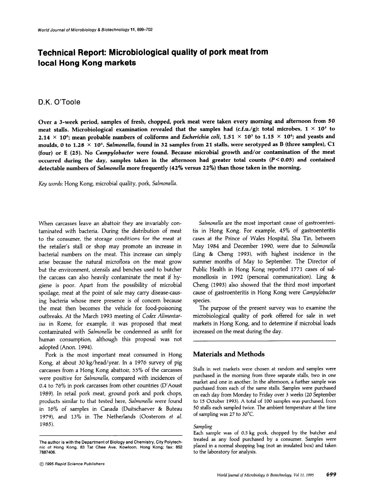 Microbiological quality of pork meat from local Hong Kong markets by Unknown
