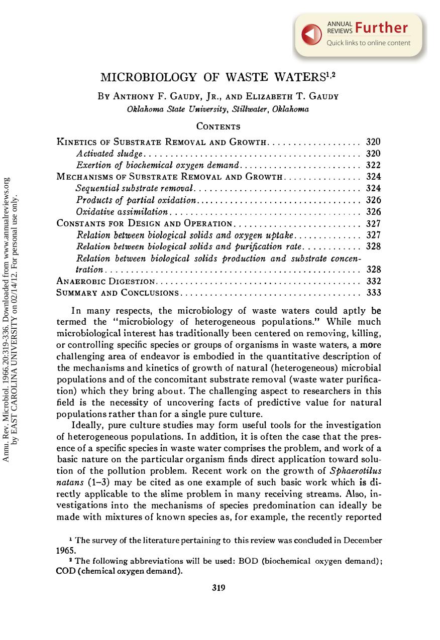 Microbiology of Waste Waters by A F Gaudy Jr & E T Gaudy