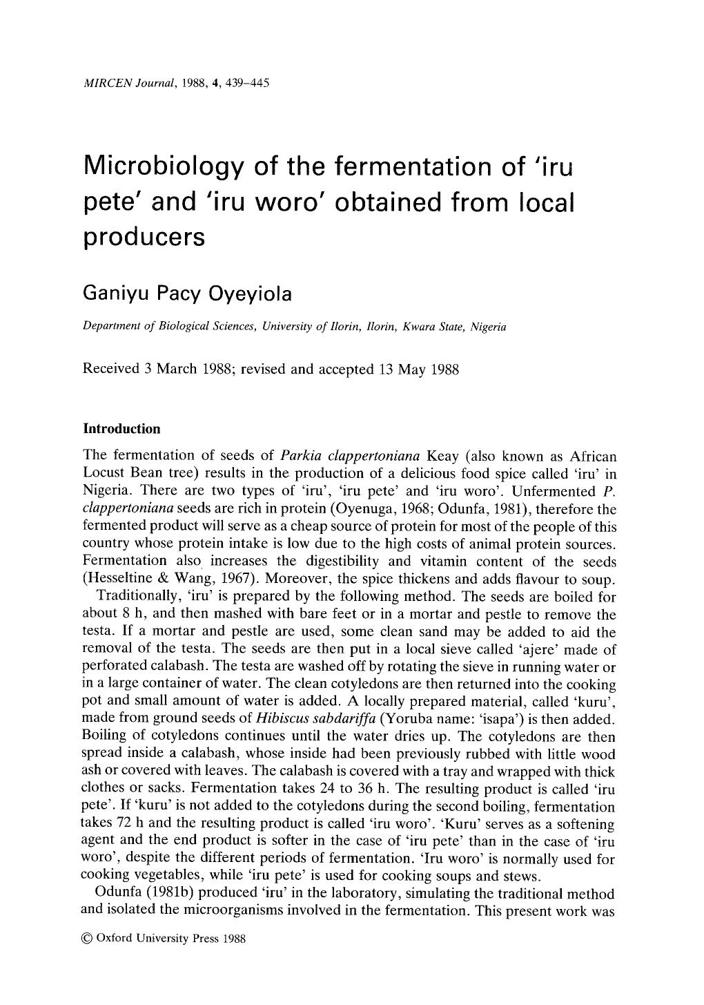 Microbiology of the fermentation of &#x2018;iru pete&#x2019; and &#x2018;iru woro&#x2019; obtained from local producers by Unknown