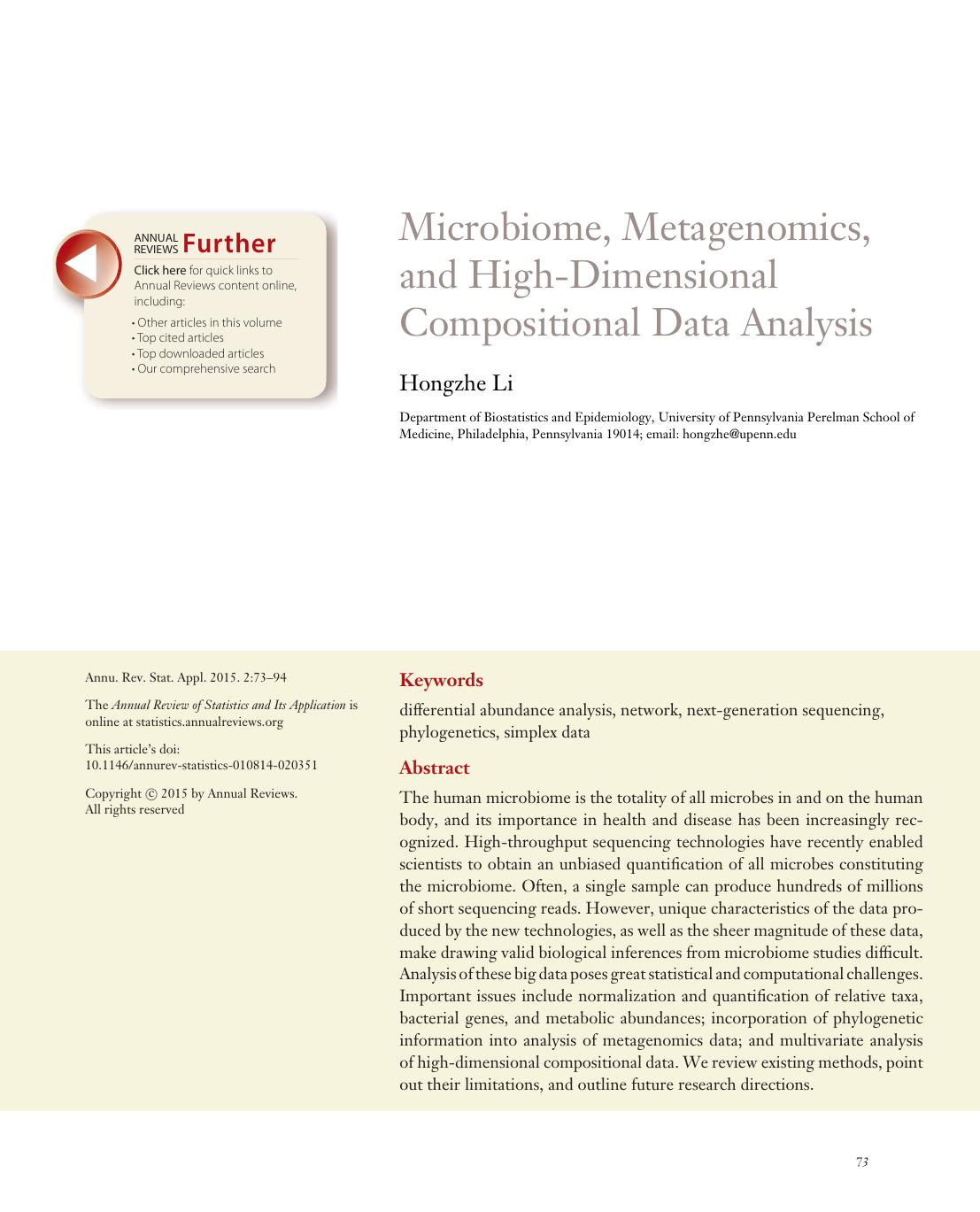 Microbiome, Metagenomics, and High-Dimensional Compositional Data Analysis by Hongzhe Li