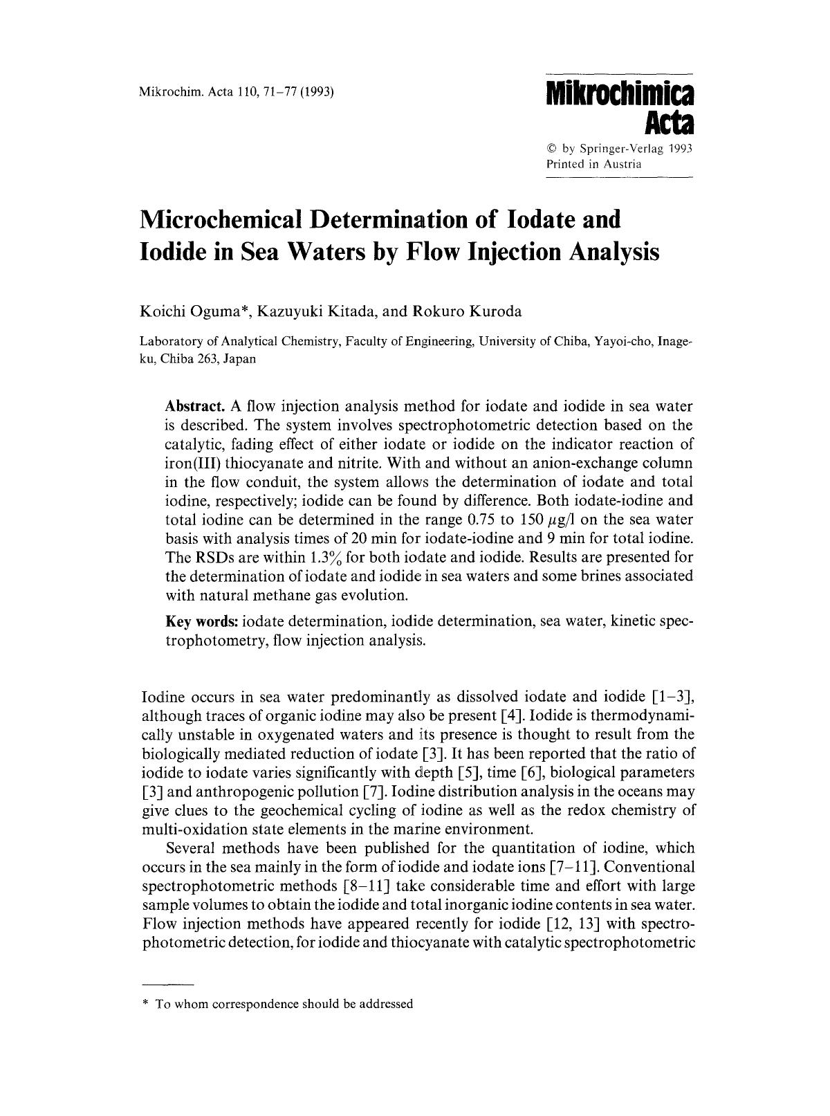 Microchemical determination of lodate and iodide in sea waters by flow injection analysis by Unknown