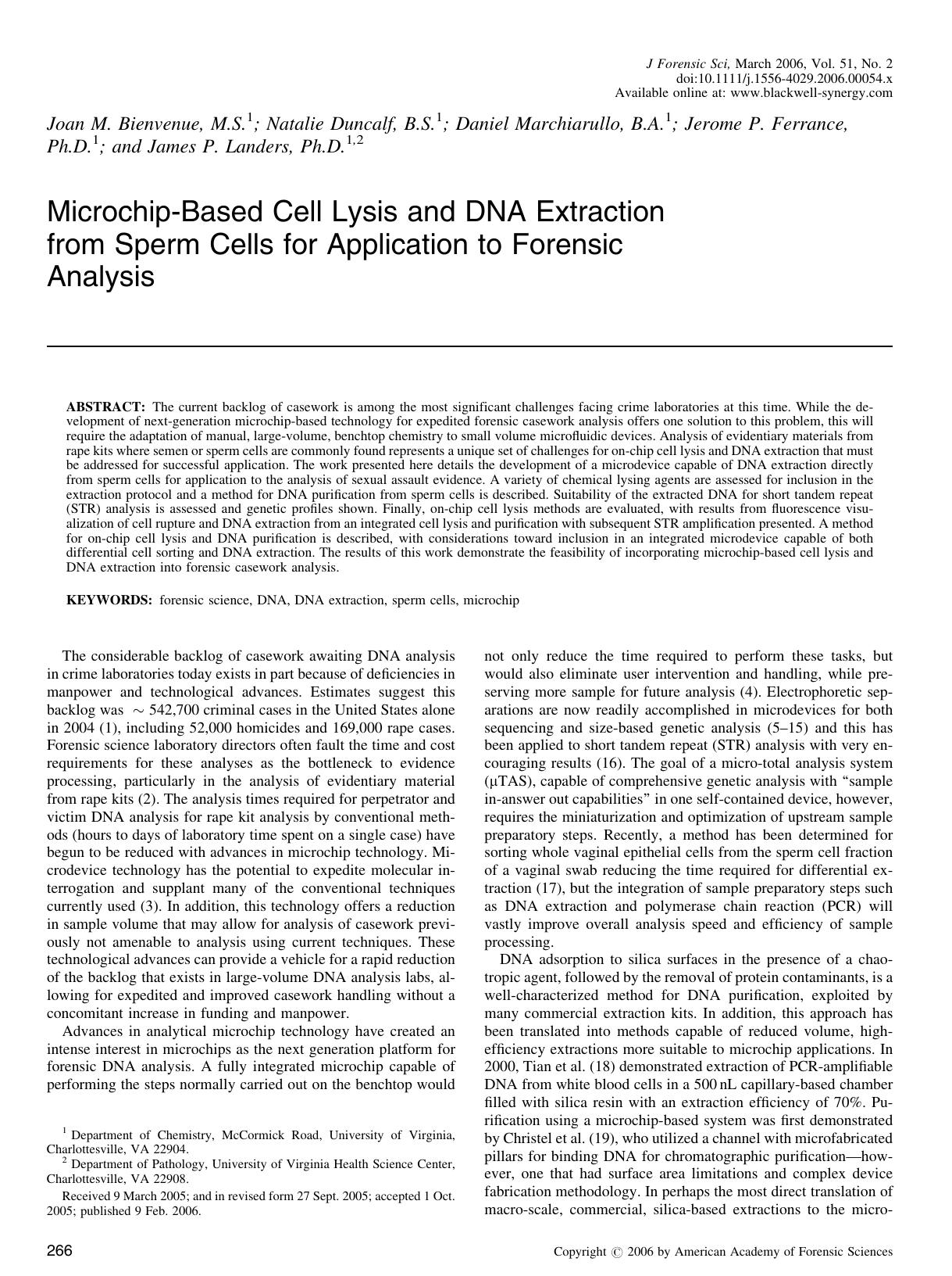 Microchip-Based Cell Lysis and DNA Extraction from Sperm Cells for Application to Forensic Analysis by Unknown