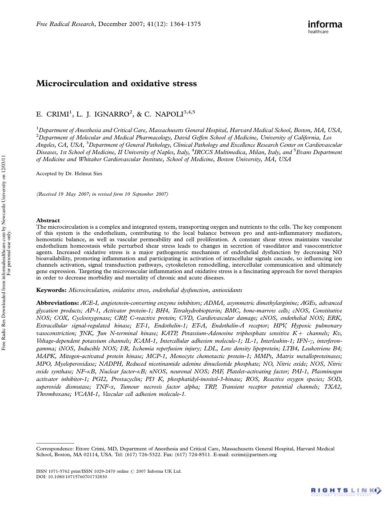 Microcirculation and oxidative stress by E. Crimi MD1† L. J. Ignarro2 & C. Napoli3 45