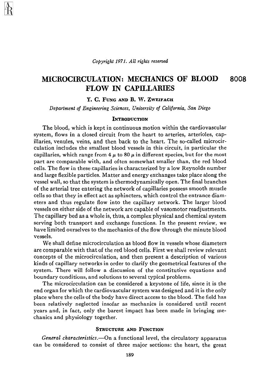 Microcirculation: Mechanics of Blood Flow in Capillaries by Y C Fung and B W Zweifach