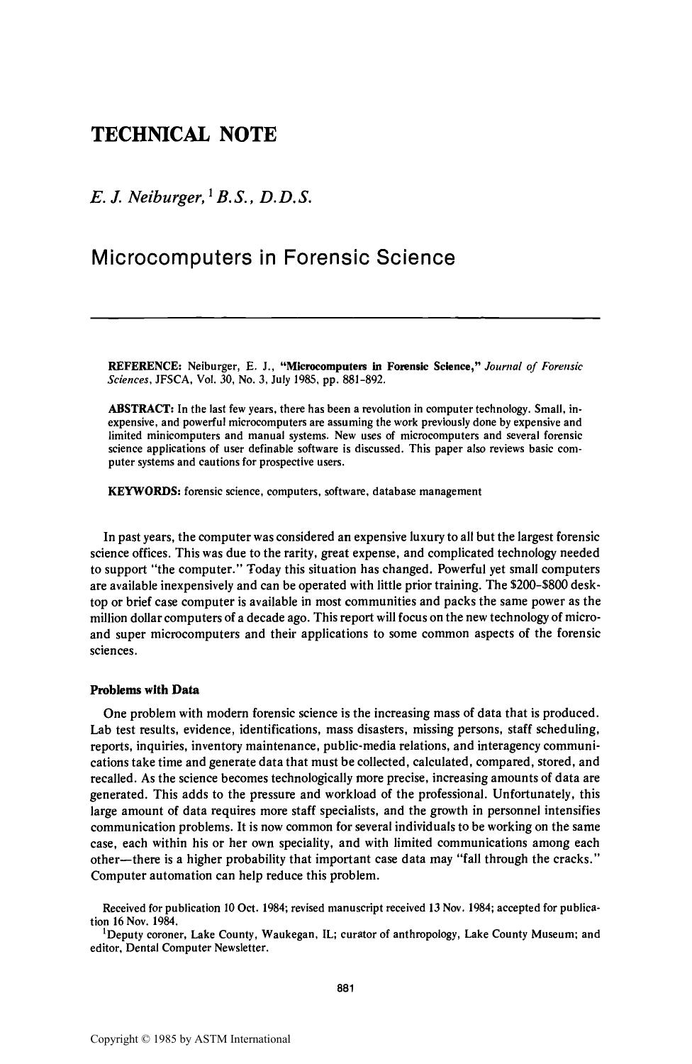 Microcomputers in Forensic Science by Neiburger EJ