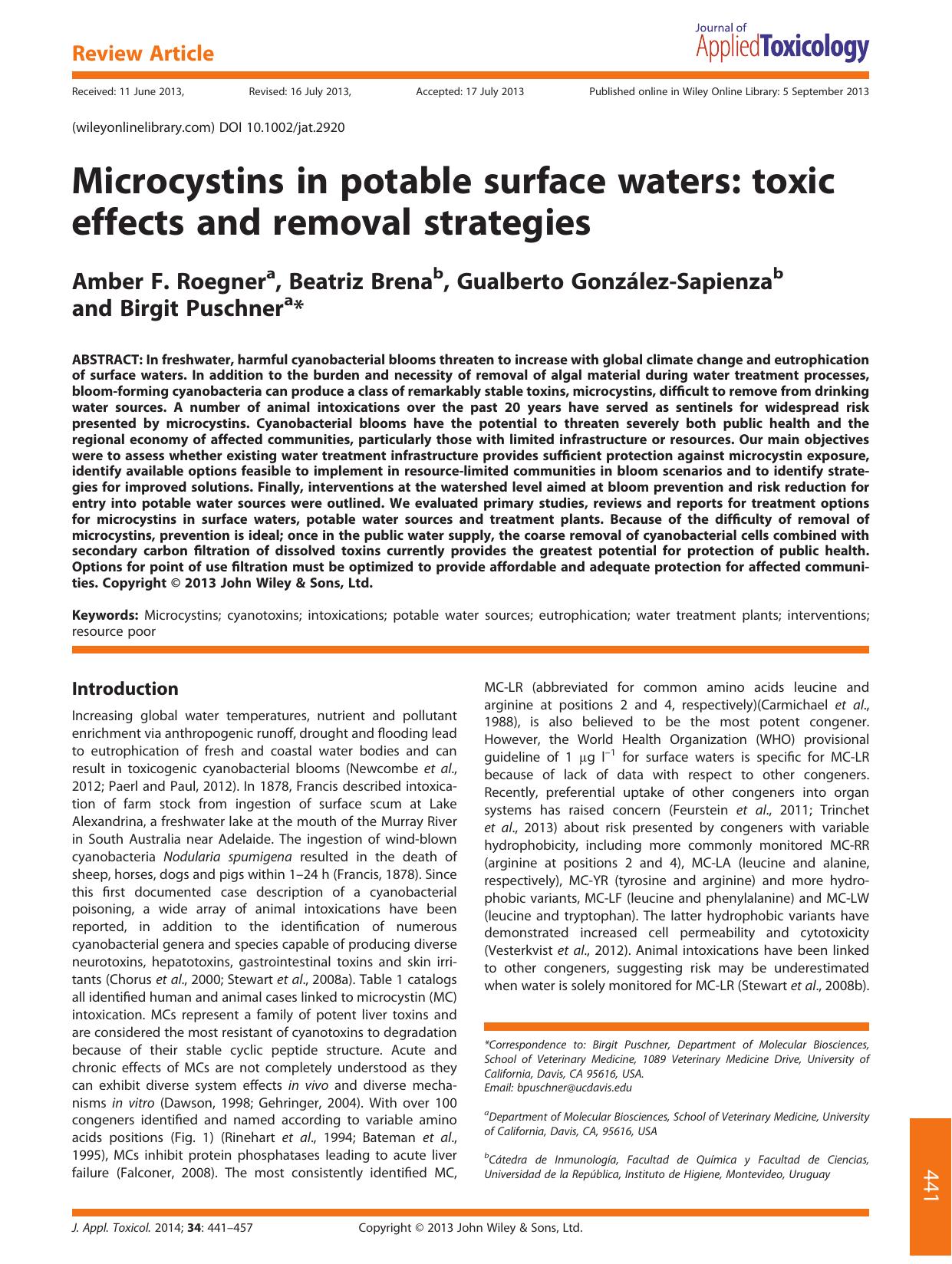 Microcystins in potable surface waters: toxic effects and removal strategies by Unknown