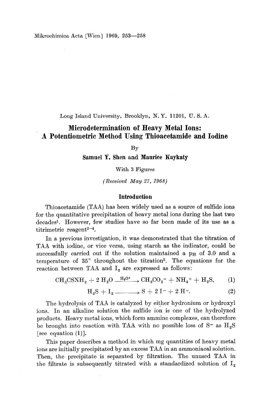 Microdetermination of heavy metal ions: A potentiometric method using thioacetamide and iodine by Unknown