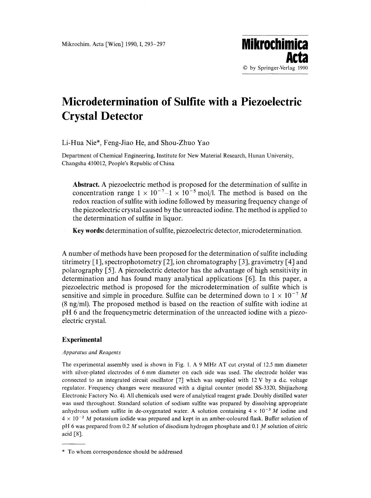 Microdetermination of sulfite with a piezoelectric crystal detector by Unknown