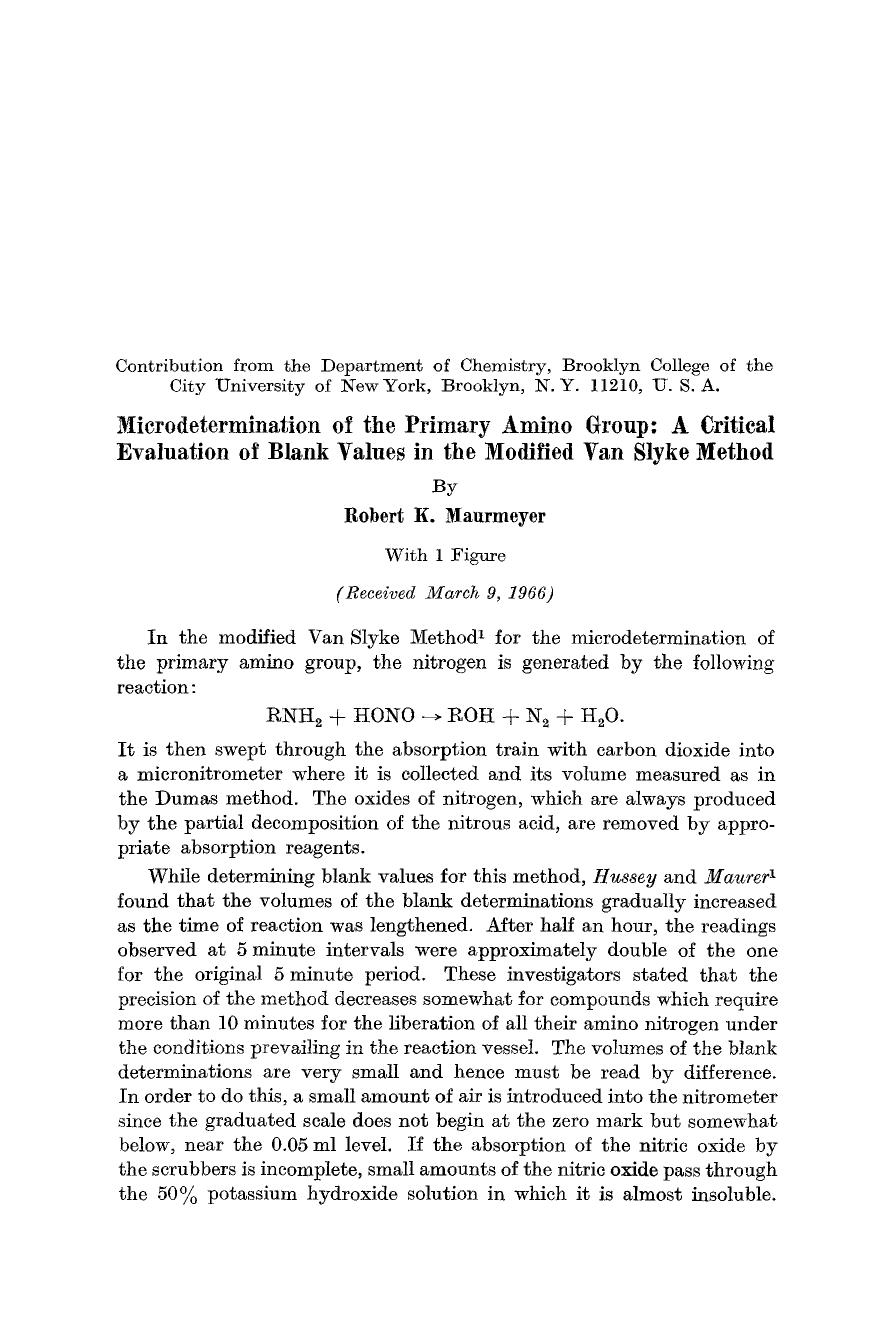 Microdetermination of the primary amino group: A critical evaluation of blank values in the modified Van Slyke Method by Unknown