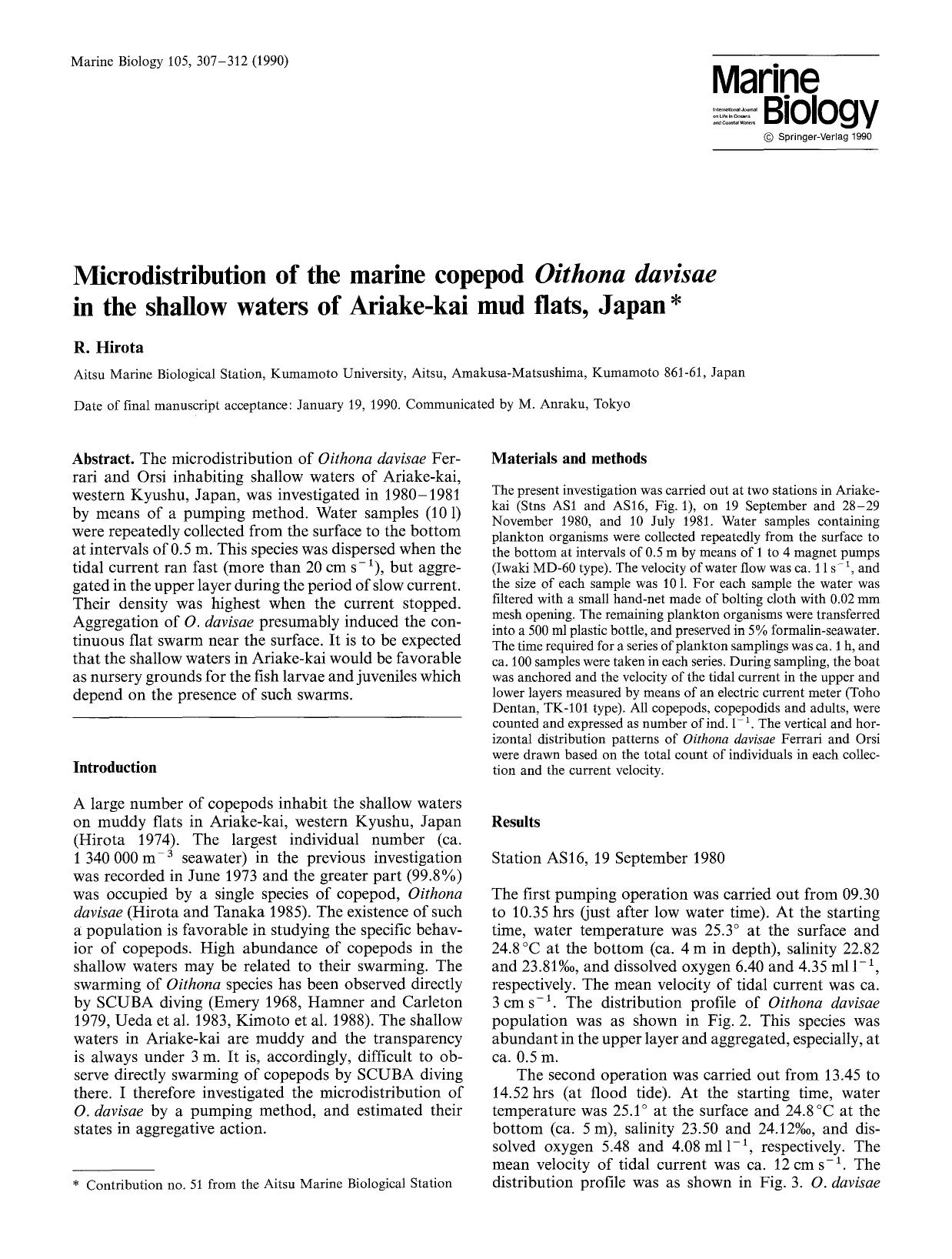Microdistribution of the marine copepod <Emphasis Type="Italic">Oithona davisae <Emphasis> in the shallow waters of Ariake-kai mud flats, Japan by Unknown