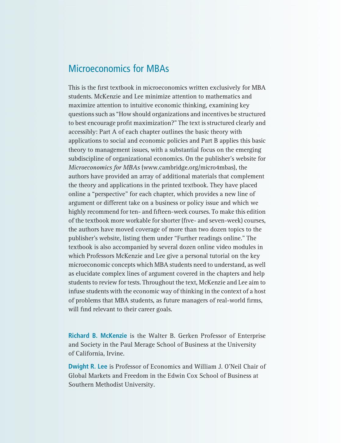 Microeconomics for MBAs : the economic way of thinking for managers by Richard B McKenzie; Dwight R Lee