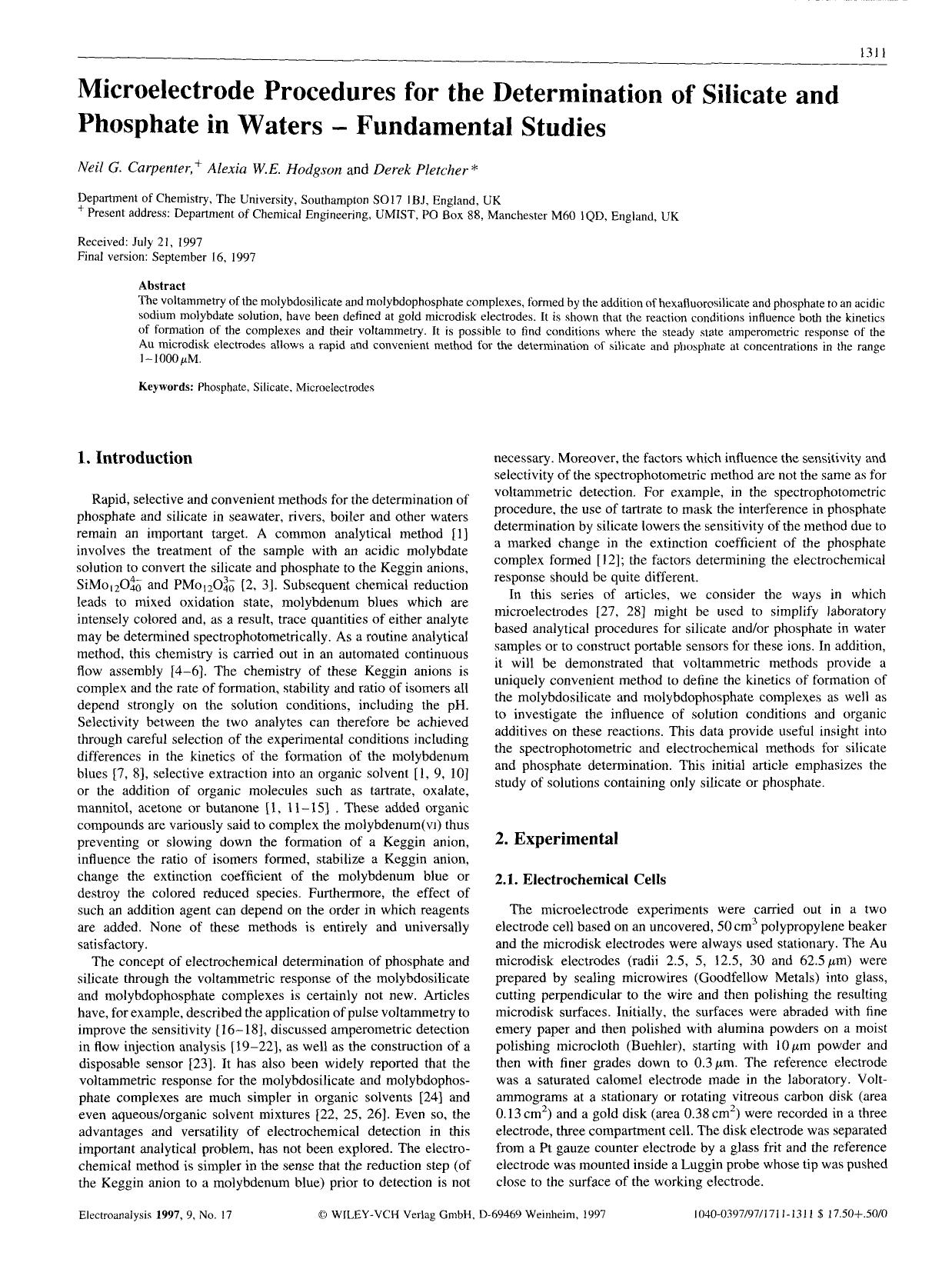 Microelectrode procedures for the determination of silicate and phosphate in waters - fundamental studies by Unknown