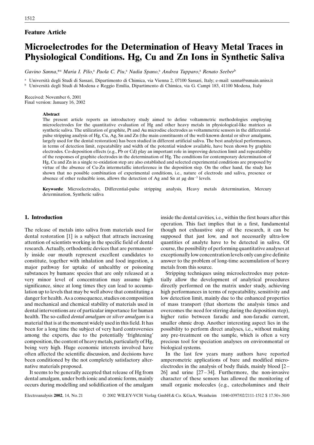 Microelectrodes for the Determination of Heavy Metal Traces in Physiological Conditions. Hg, Cu and Zn Ions in Synthetic Saliva by Unknown
