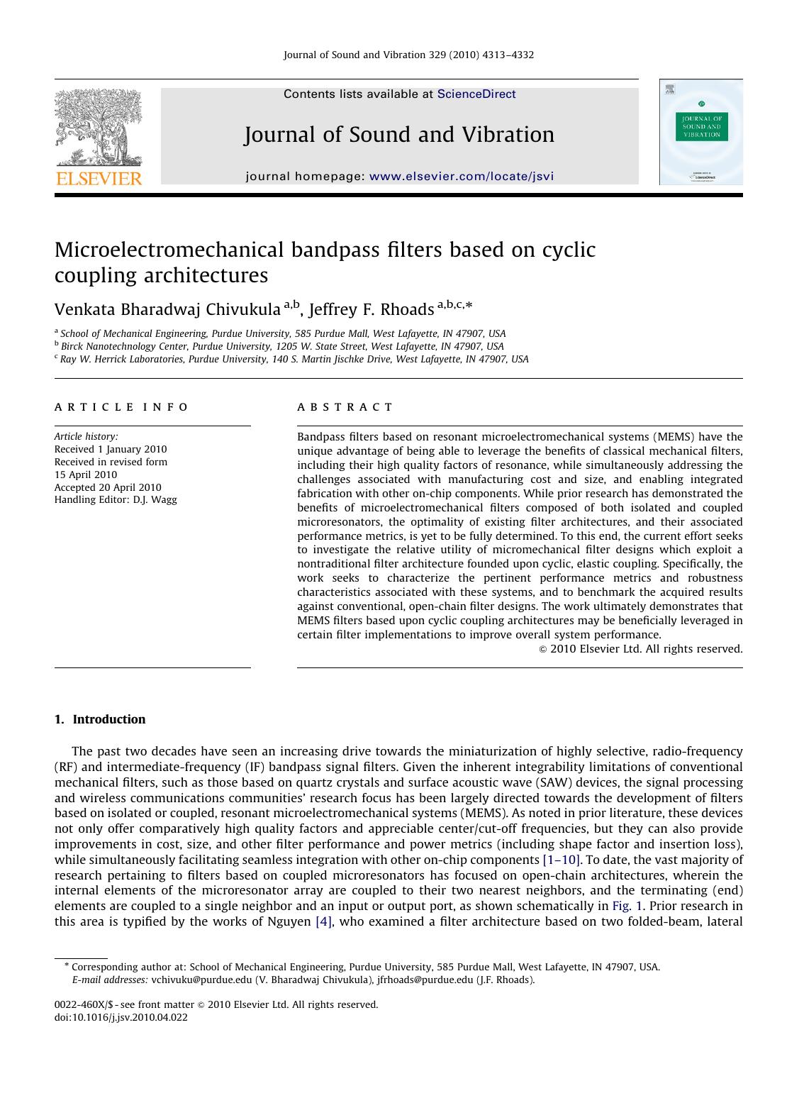 Microelectromechanical bandpass filters based on cyclic coupling architectures by Venkata Bharadwaj Chivukula; Jeffrey F. Rhoads