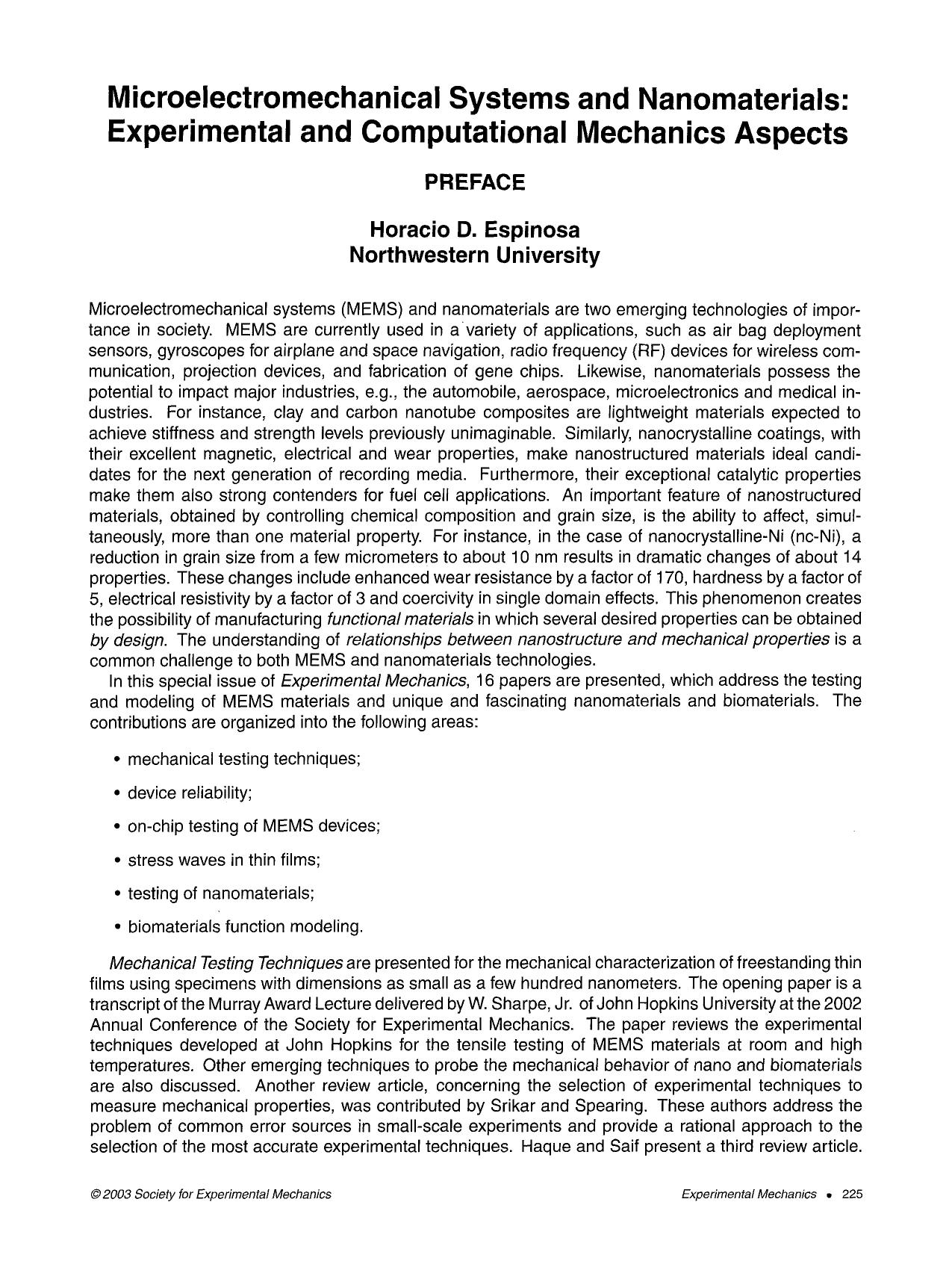 Microelectromechanical systems and nanomaterials: Experimental and computational mechanics aspects by Unknown