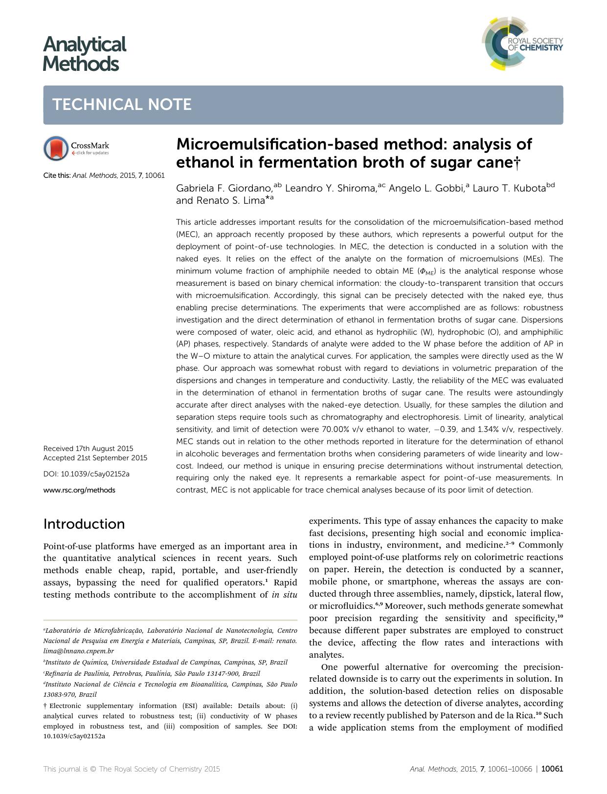 Microemulsification-based method: analysis of ethanol in fermentation broth of sugar cane by Gabriela F. Giordano & Leandro Y. Shiroma & Angelo L. Gobbi & Lauro T. Kubota & Renato S. Lima