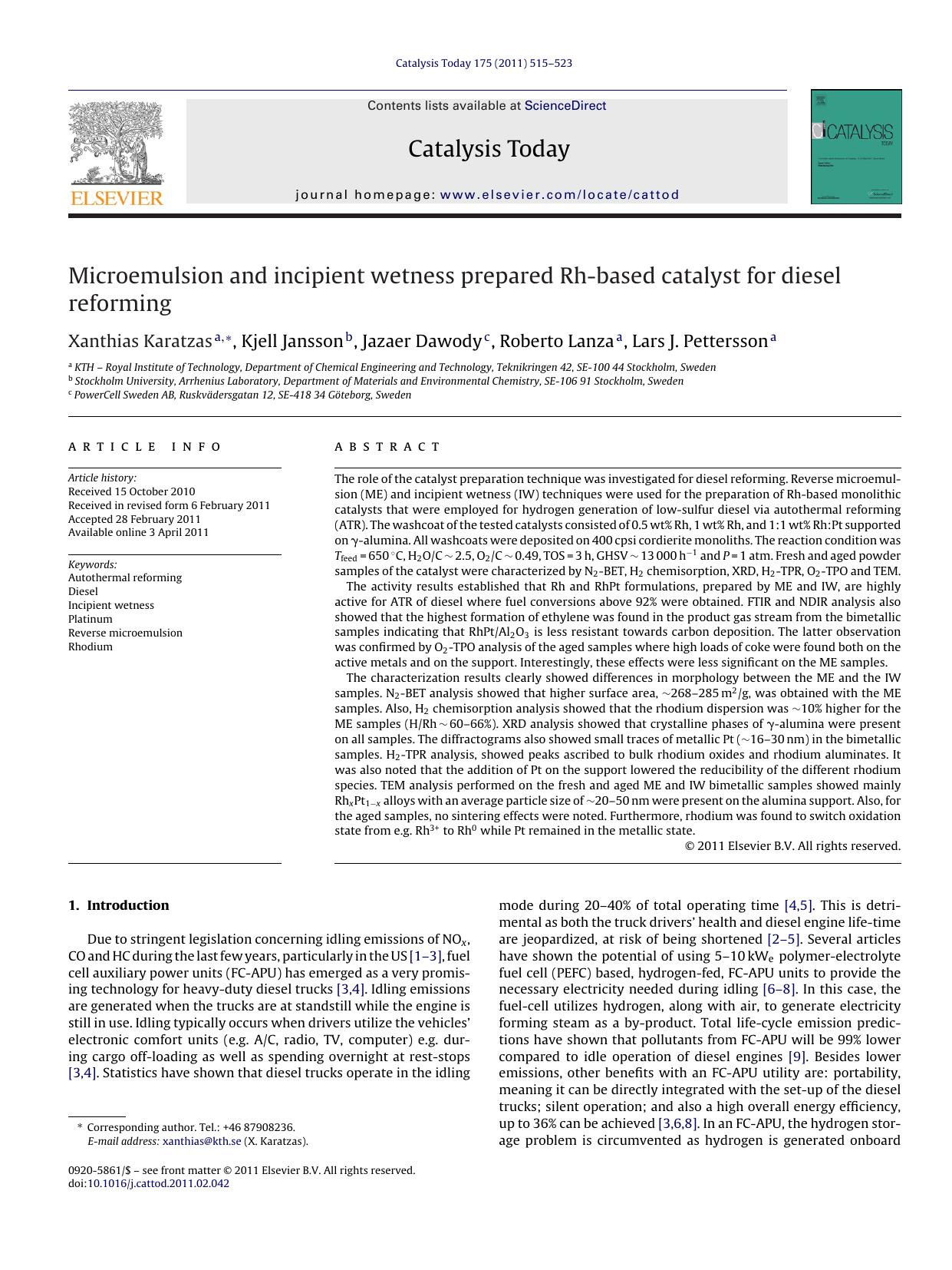 Microemulsion and incipient wetness prepared Rh-based catalyst for diesel reforming by Xanthias Karatzas