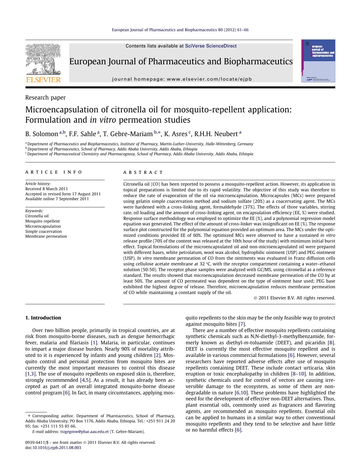 Microencapsulation of citronella oil for mosquito-repellent application: Formulation and in vitro permeation studies by B. Solomon & F.F. Sahle & T. Gebre-Mariam & K. Asres & R.H.H. Neubert