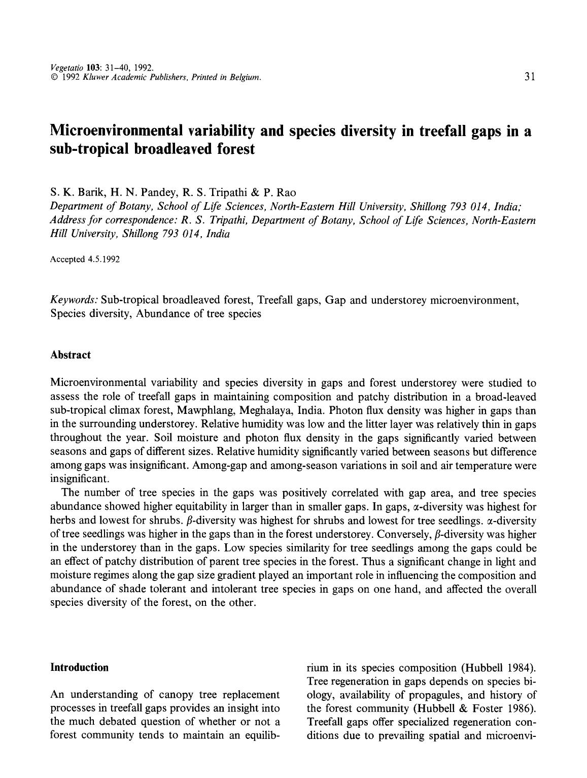 Microenvironmental variability and species diversity in treefall gaps in a sub-tropical broadleaved forest by Unknown