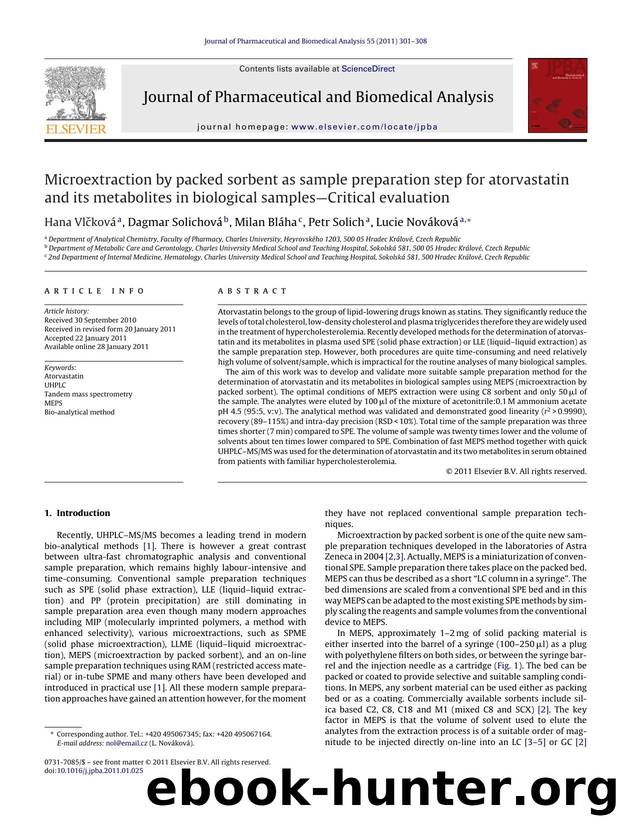 Microextraction by packed sorbent as sample preparation step for atorvastatin and its metabolites in biological samplesÃ¢â¬âCritical evaluation by Hana VlÄ•kovÃ¡