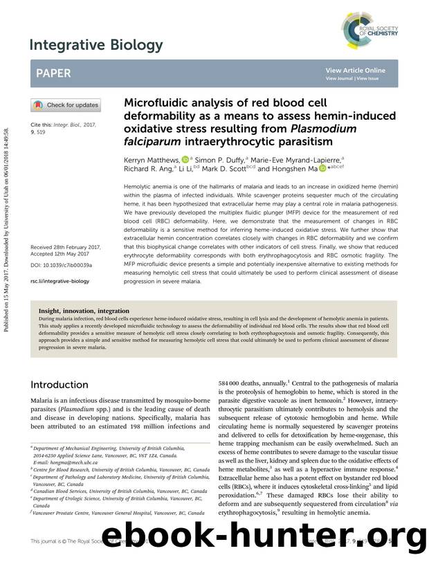 Microfluidic analysis of red blood cell deformability as a means to assess hemin-induced oxidative stress resulting from Plasmodium falciparum intraerythrocytic parasitism by unknow
